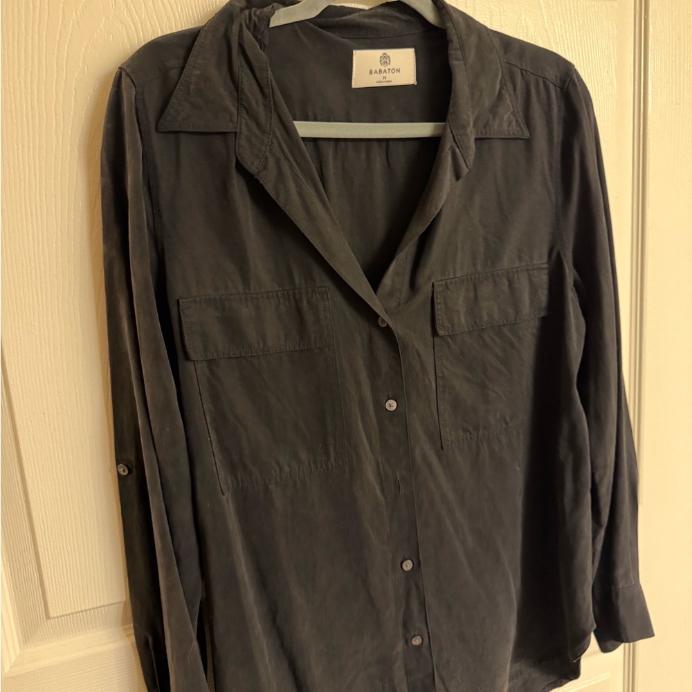Babaton Black Relaxed Pocket Button-Down Blouse